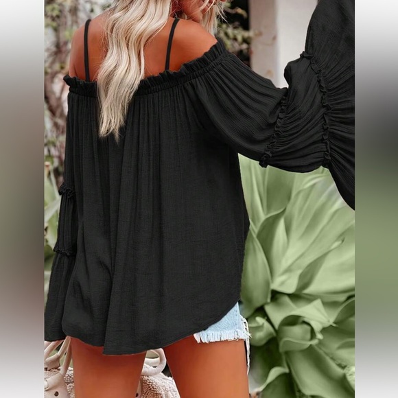 Boho Off Shoulder Flare Long Sleeve Top Blouse Shirt Black - Picture 2 of 16